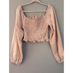 POL Cropped Linen Smocked Shirt